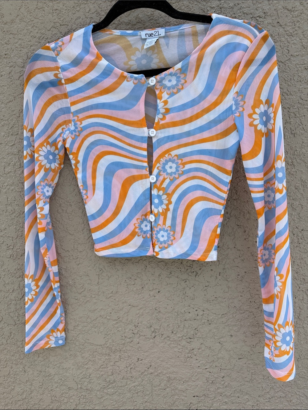 rue21 Orange, Blue & White Floral Wave Button-Front Long Sleeve Crop Top